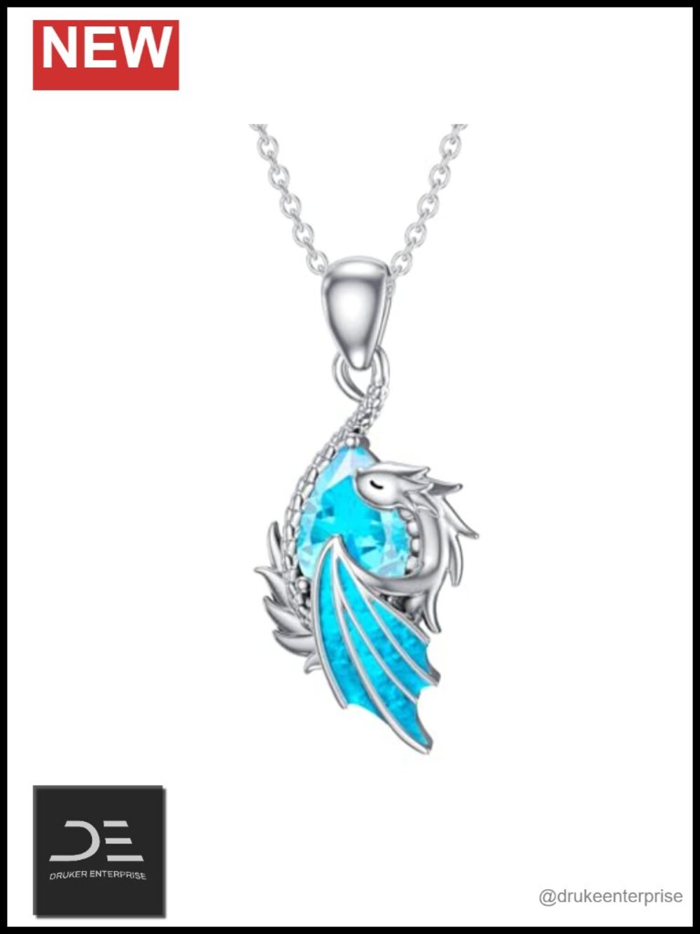 Sterling Silver Dragon Birthstone Pendant Necklace 925 Aquamarine Wyvern